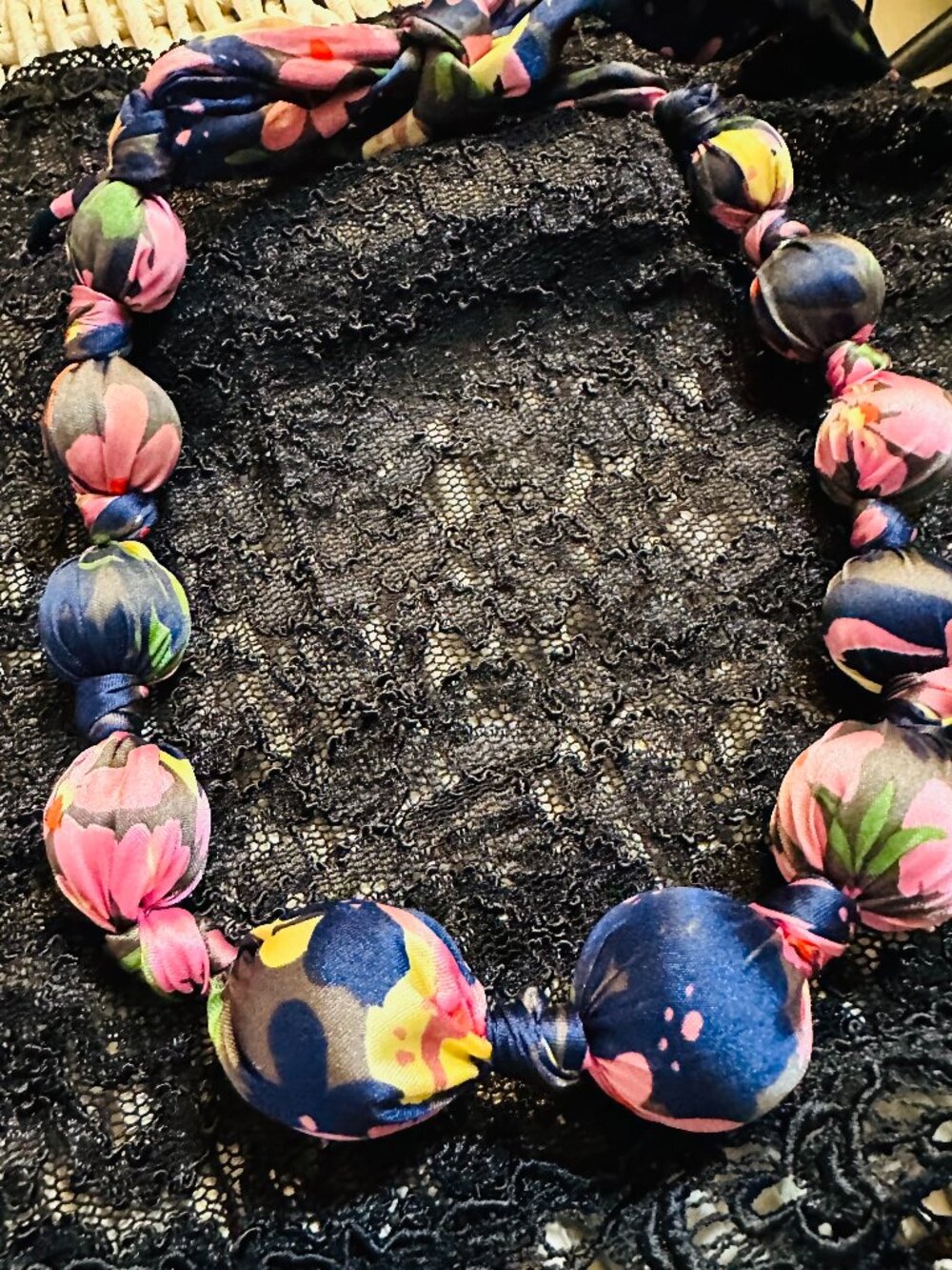 ✨ Funky Floral Silk-Wrapped Bubble Statement Necklace – Vibrant Maximalist Vibe